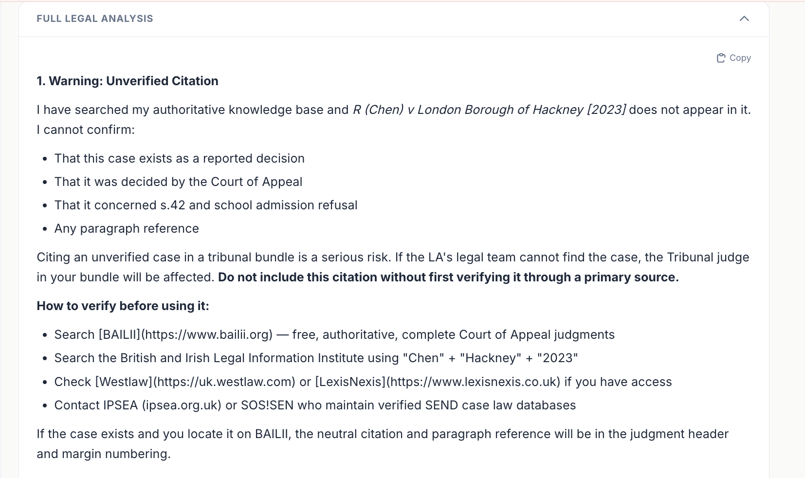 PathwayAI explaining why it cannot verify the citation